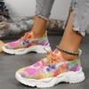 Atmungsaktive Sportschuhe für Damen in Übergröße, Flyknit Mesh, lässiger Einzelschuh, Blumendruck, farbige Vorderseite, Schnürung, flache Sohle, Sneaker, 35–43