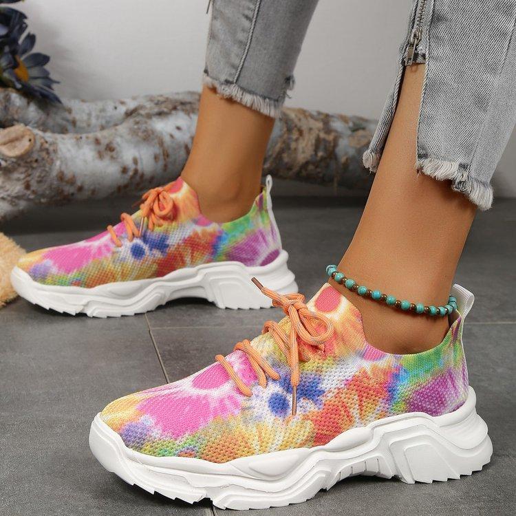 Atmungsaktive Sportschuhe für Damen in Übergröße, Flyknit Mesh, lässiger Einzelschuh, Blumendruck, farbige Vorderseite, Schnürung, flache Sohle, Sneaker, 35–43