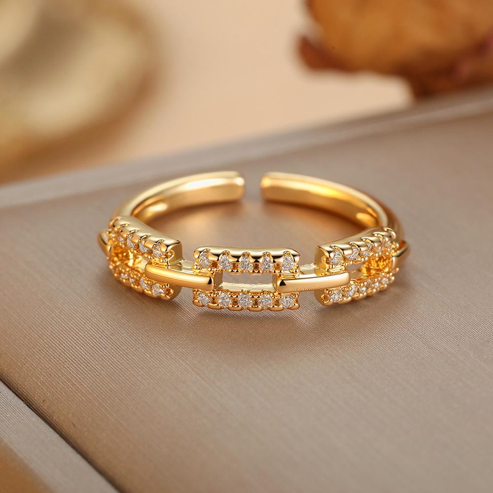 Korean Style Luxury Zircon Chain Adjustable Open Ring for Women