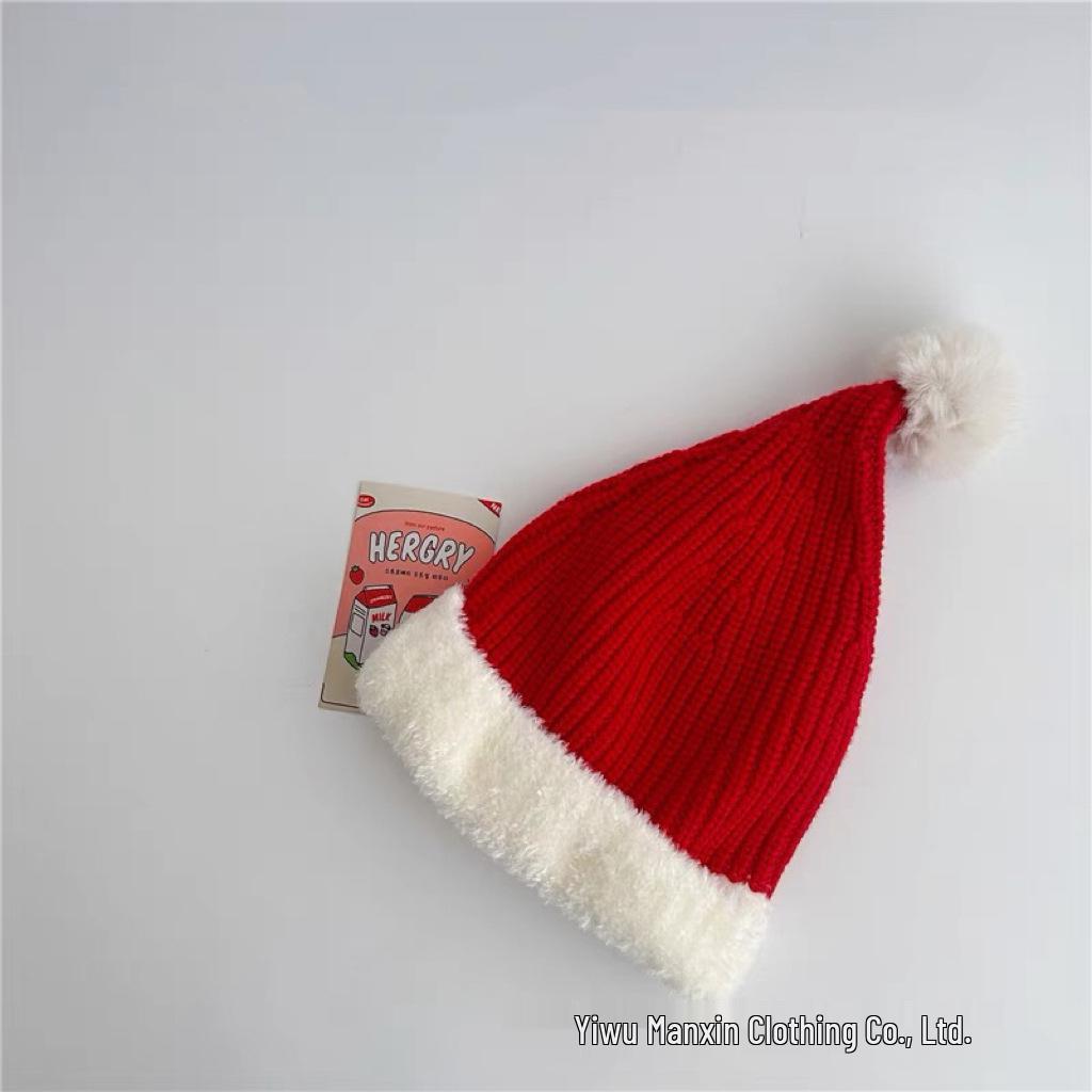 Świąteczna Ciepła Dzianinowa Wełniana Czapka Dziecięca - Czerwony Plusz na Boże Narodzenie i Nowy Rok