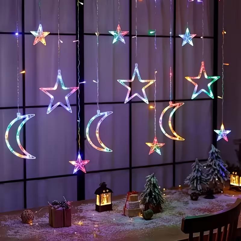 Star Moon Curtain String Lights, USB Powered LED Fairy Lights, Warm & Colorful Lighting, Christmas Ramadan Bedroom Holiday Party Decor