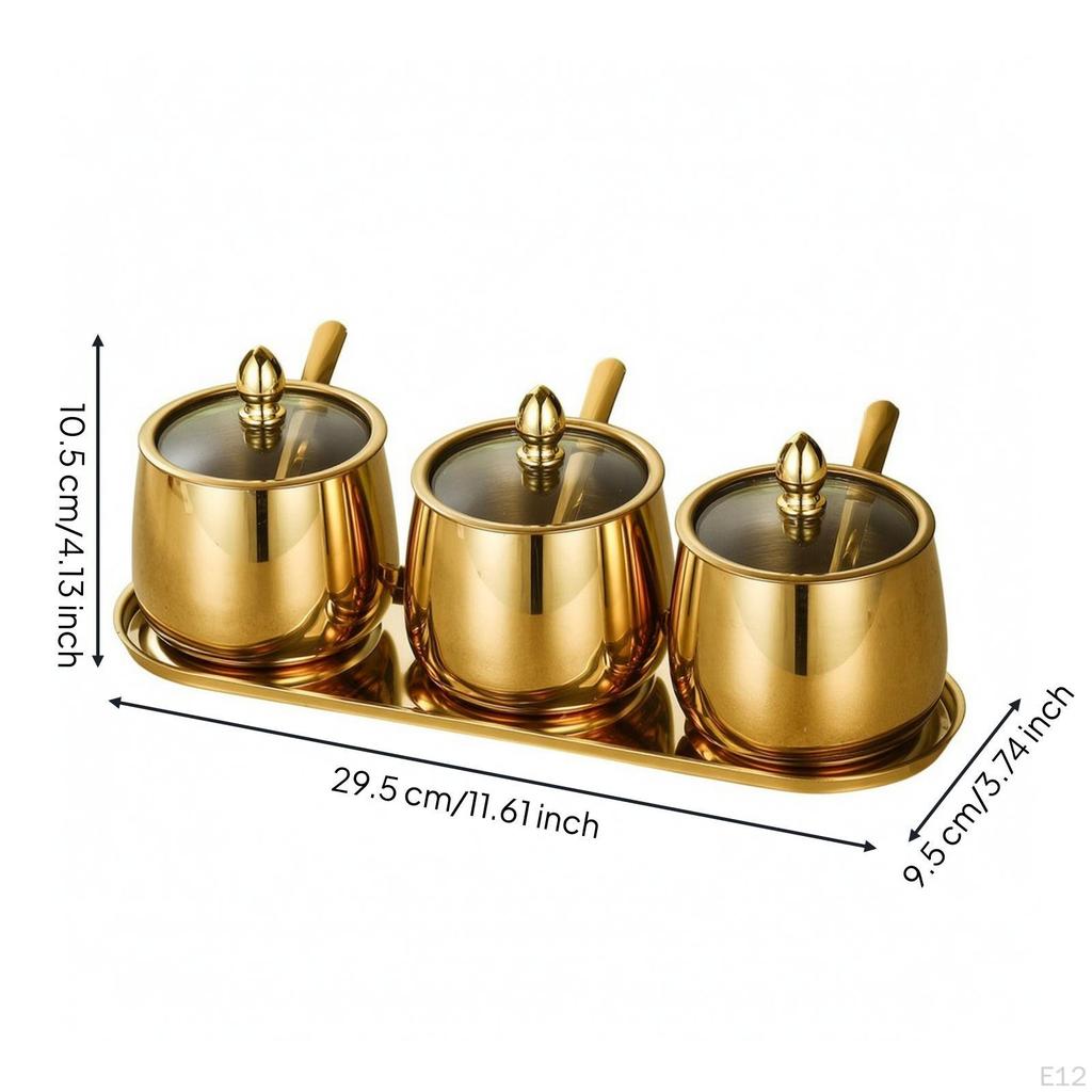 Stainless Steel Seasoning Container Set with Tray DustResistant ThreeCompartment Condiment Holder
