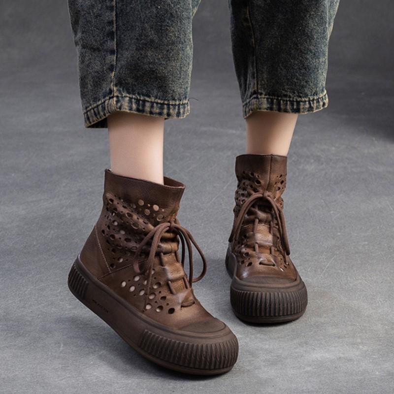 Fashion GKTINOO Summer New Women's Hollow Out Ankle Boots Genuine Leather Shoes Woman Low Square Heel Boots Ladies Zip Breathable Shoes