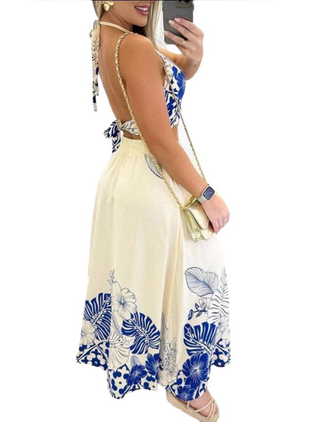 Sexy Tropical Print Halter Backless Long Dress Two-Piece Set for Women