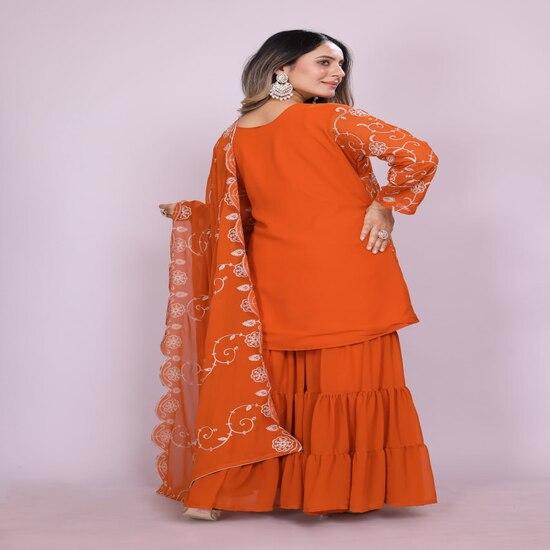 Rust Orange Embroidered Sharara Suit