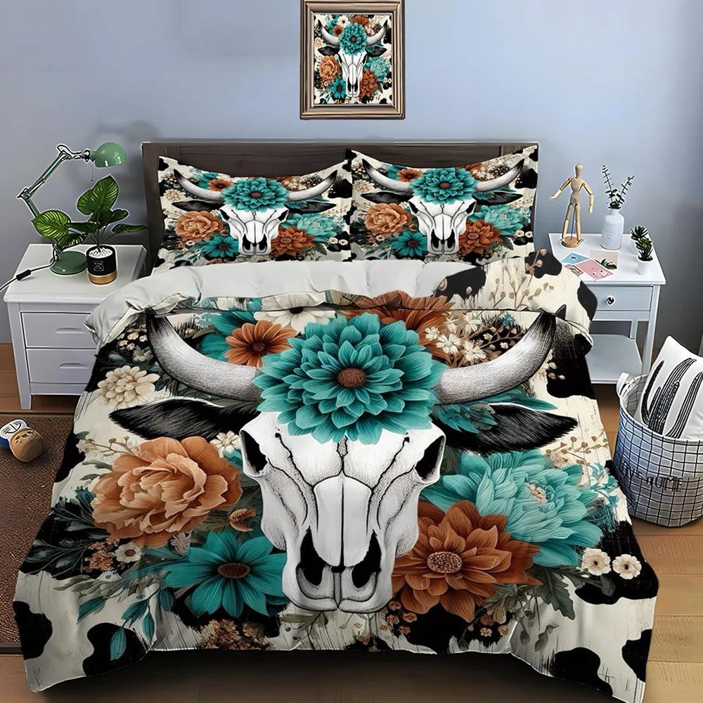 Native American Cattle Skull Art Print Bedding Set Duvet Cover 1 Duvet Cover 2 Pillowcases Adult and Kids Bedding Set Luxury