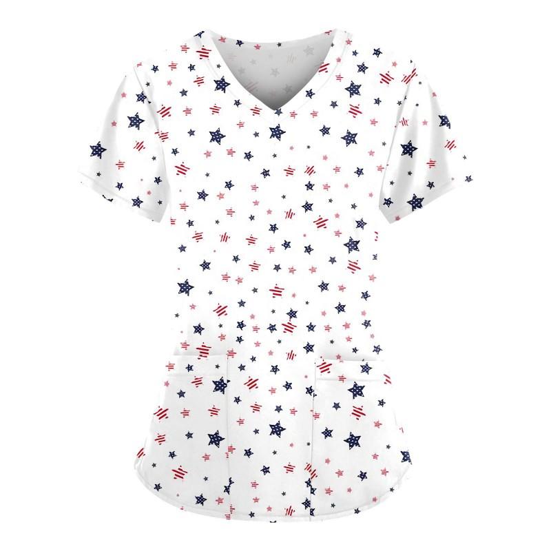 V-Neck Short Sleeve Nursing Scrub Top Women Fashionable Casual Workwear With 3D Print Design Slim Fit 2025 Collection