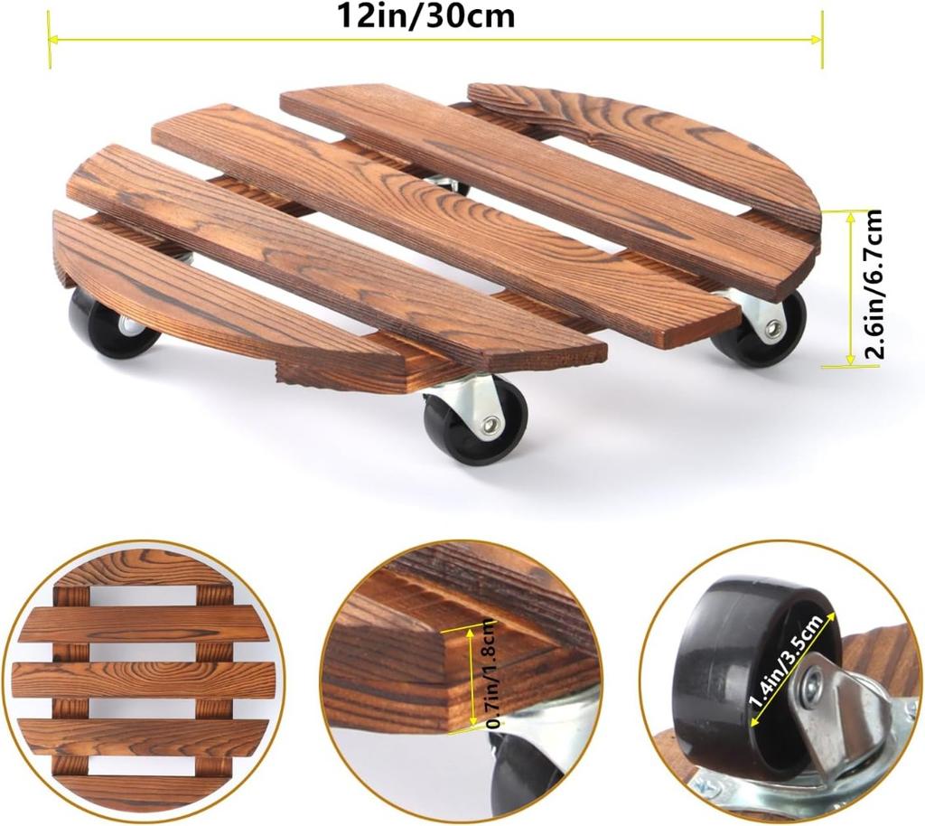 Plant Caddy with Wheels Rolling Plant Stand 220LB Heavy Duty Wooden Round Pot Trays with 360° Meta Wheels Flower Pots Dolly