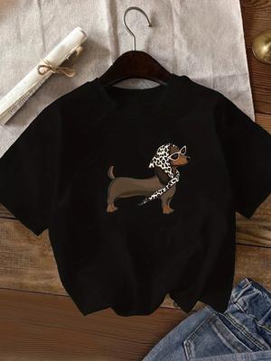 Y2K Summer Clothing Womens Casual Dachshund Leopard Print Short Sleeve TShirt White Crew Neck Summer Tops Soft and Comfortable
