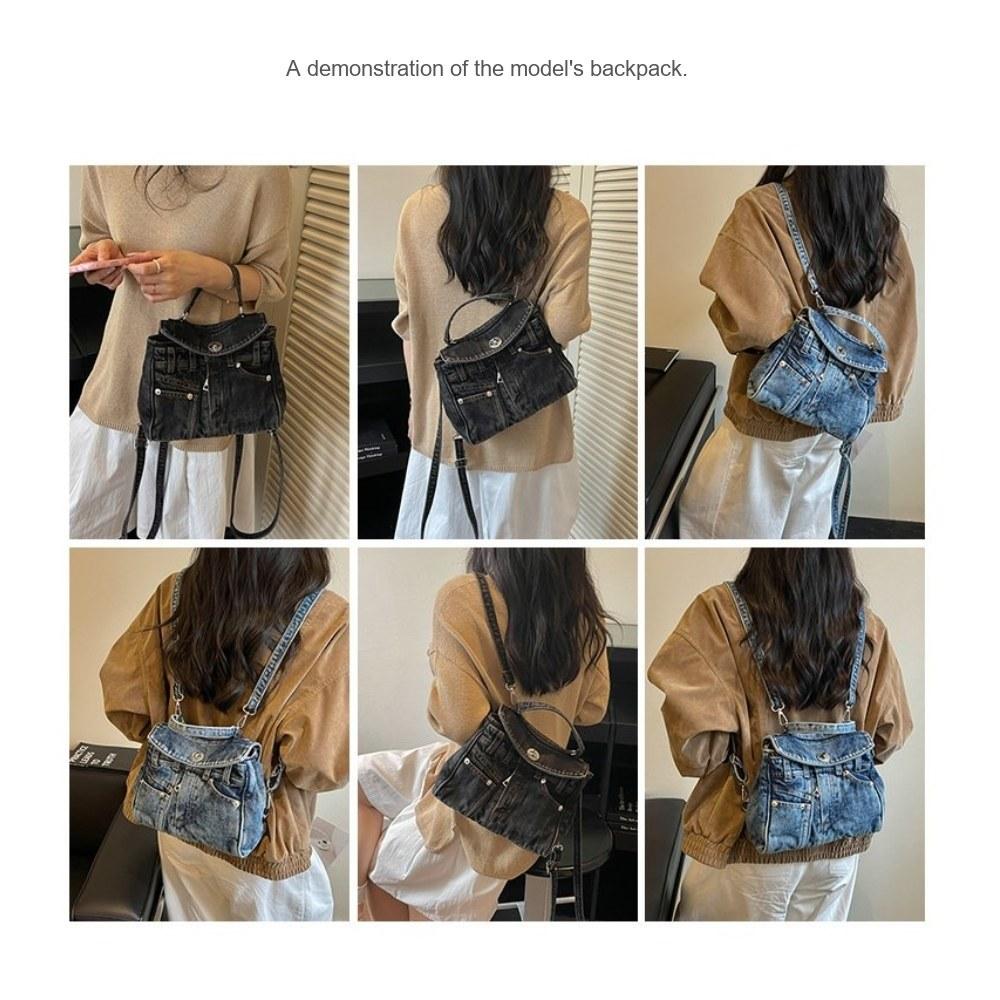 Women Vintage Multi Pocket Denim Backpack with Adjustable Strap for Daily Commute