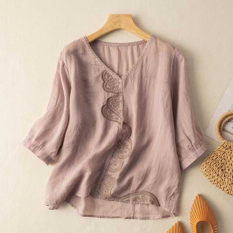 Women 3/4 Sleeve Embroidered Linen Blouse Retro Japanese Loose Cotton Linen Shirt Spring Summer Top