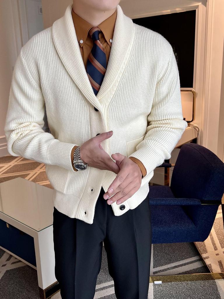 2023 Men's British Retro Slim Fit Lapel Cardigan – Light Mature Business Knitwear Sweater Jacket