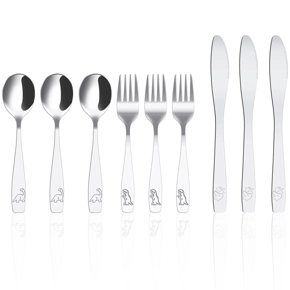 

9Pcs Kids Silverware Set Stainless Steel Kids Fork Spoon and Cutter Set Ergonomic Toddler Utensils Funny Dinosaur Kids Flatware