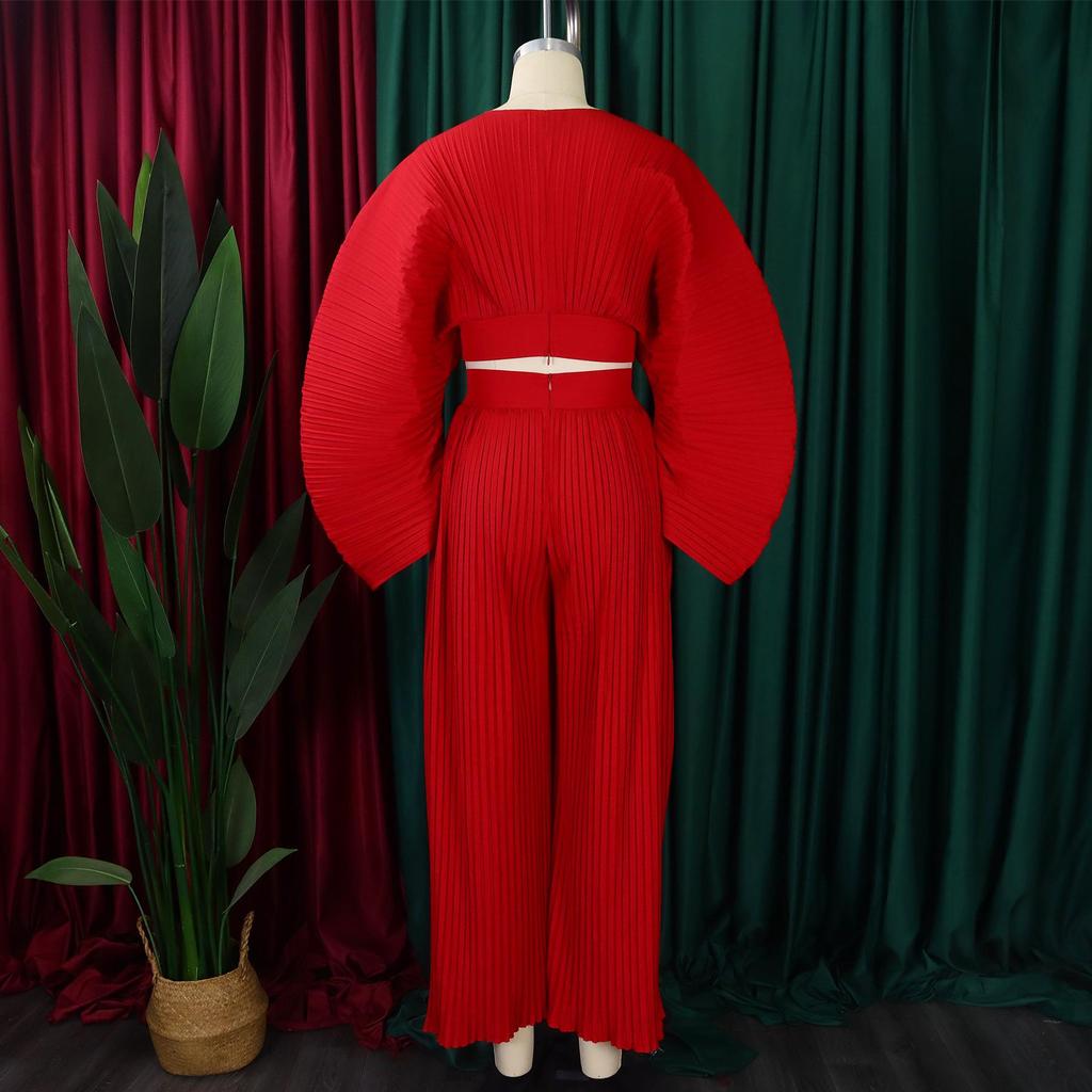 D3271 Women's Spring Fashion: Loose Pleated V-Neck Top & Wide-Leg Pants Two-Piece Set