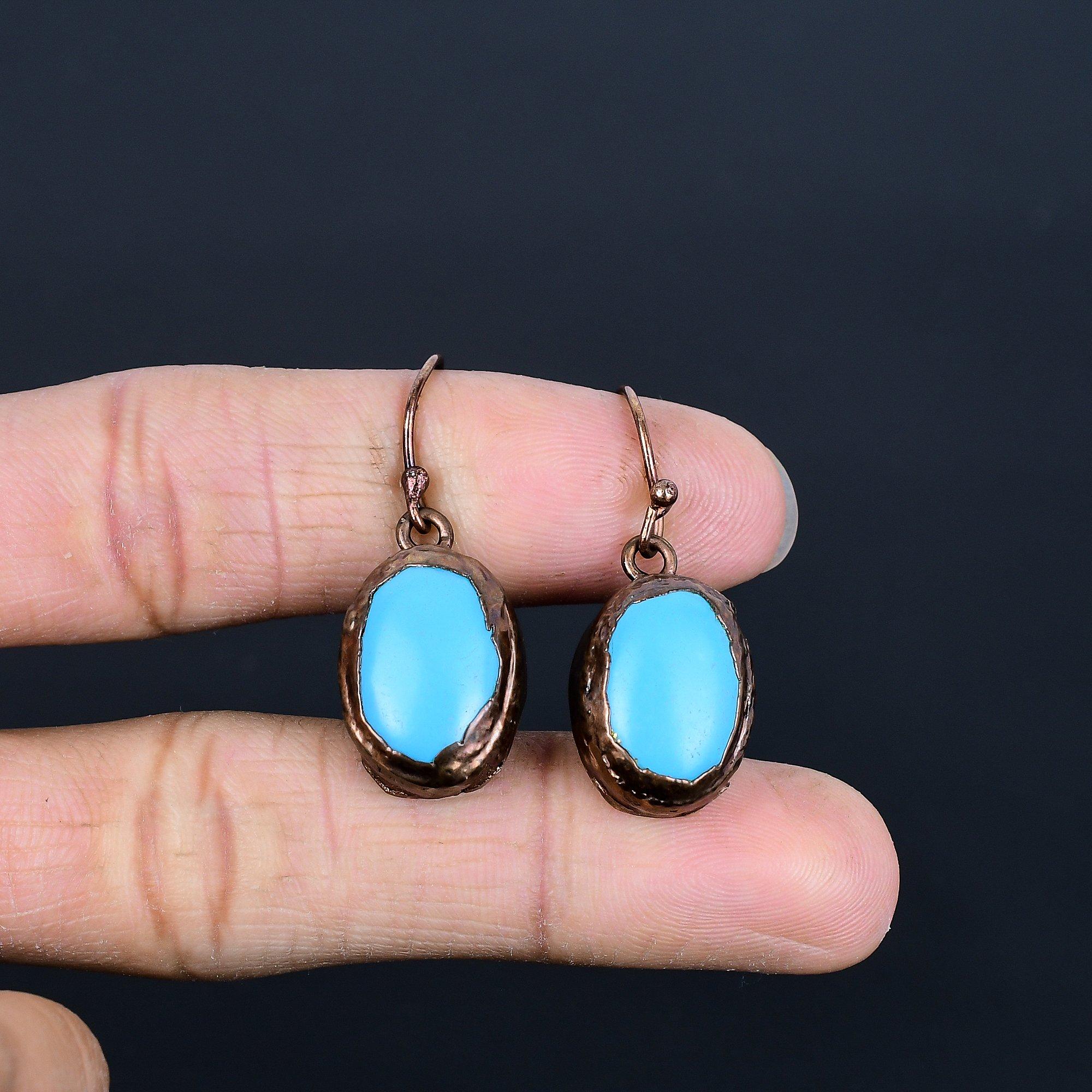 

Sleeping Beauty Turquoise Earrings, Copper Electroformed Gemstone Jewelry, Handmade Earrings, For Thanksgiving 2.55 Inches