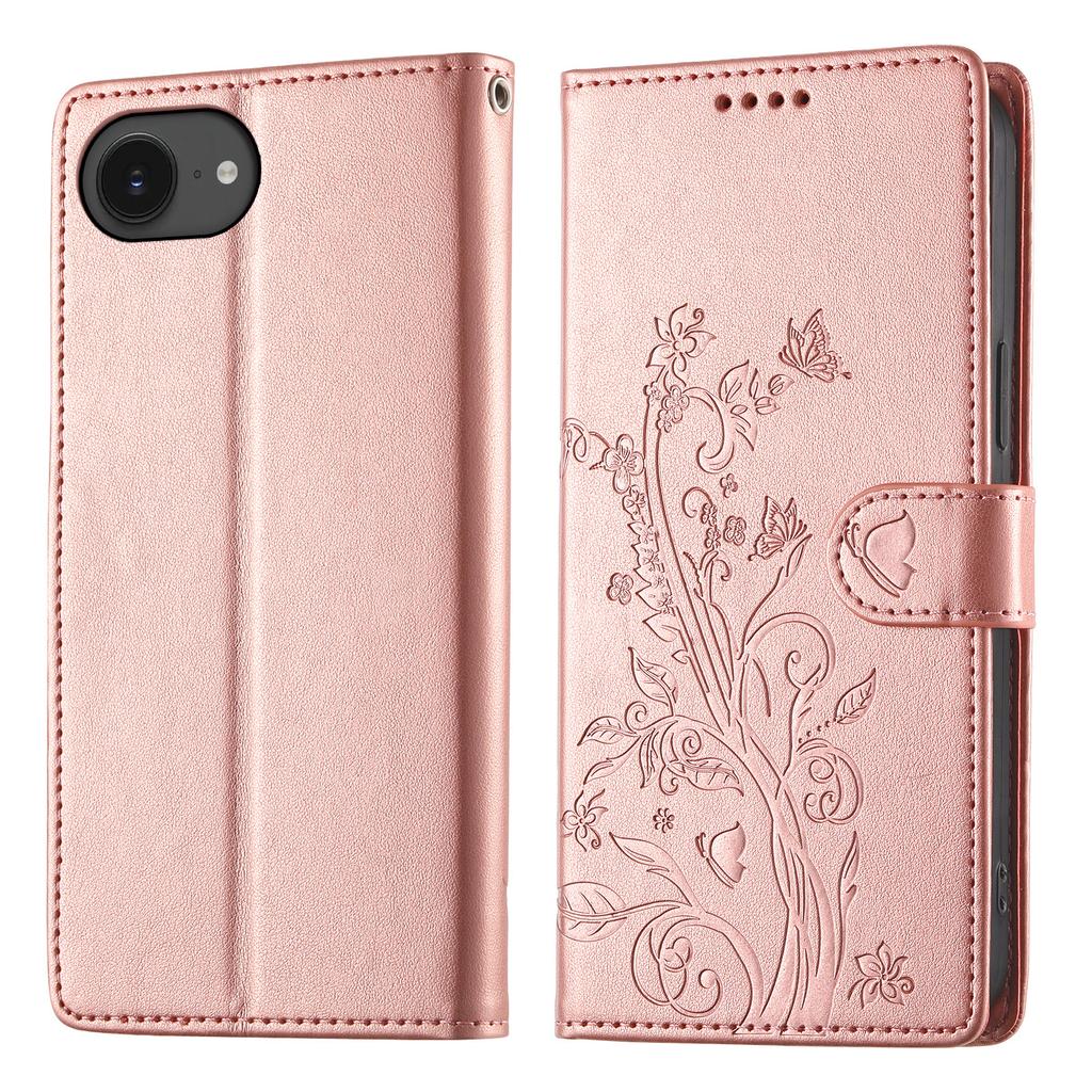 For iPhone 16e Wallet Case Butterfly Floral Imprint PU Leather Phone Cover with Wrist Strap
