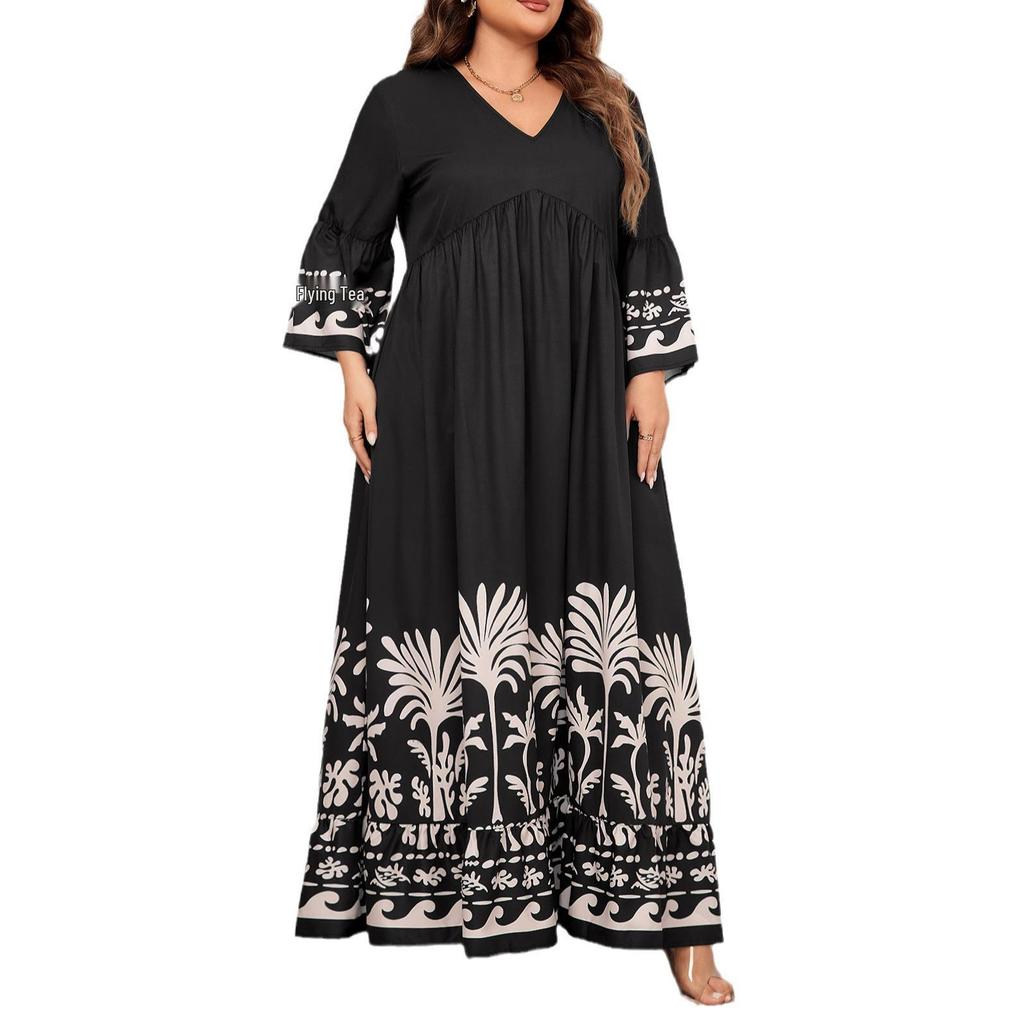 Elegant V-Neck Trumpet Sleeve Printed Long Dress for Women
