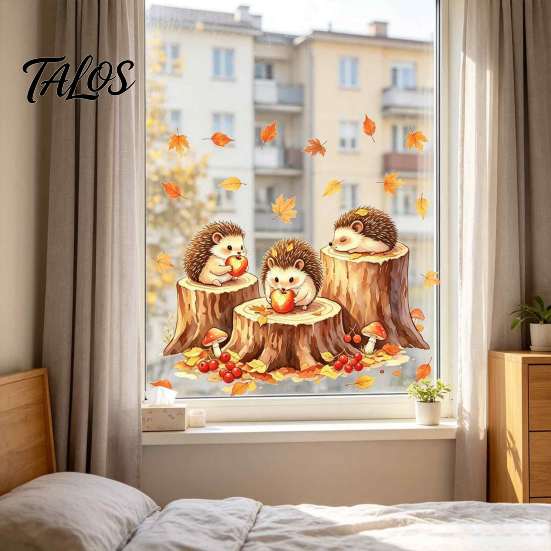 Harvest Theme Party Supplies Little Hedgehog Tree Stump Static Sticker, Watercolor Decorative Window Glass Stickers Decal, Reusable PVC Cling