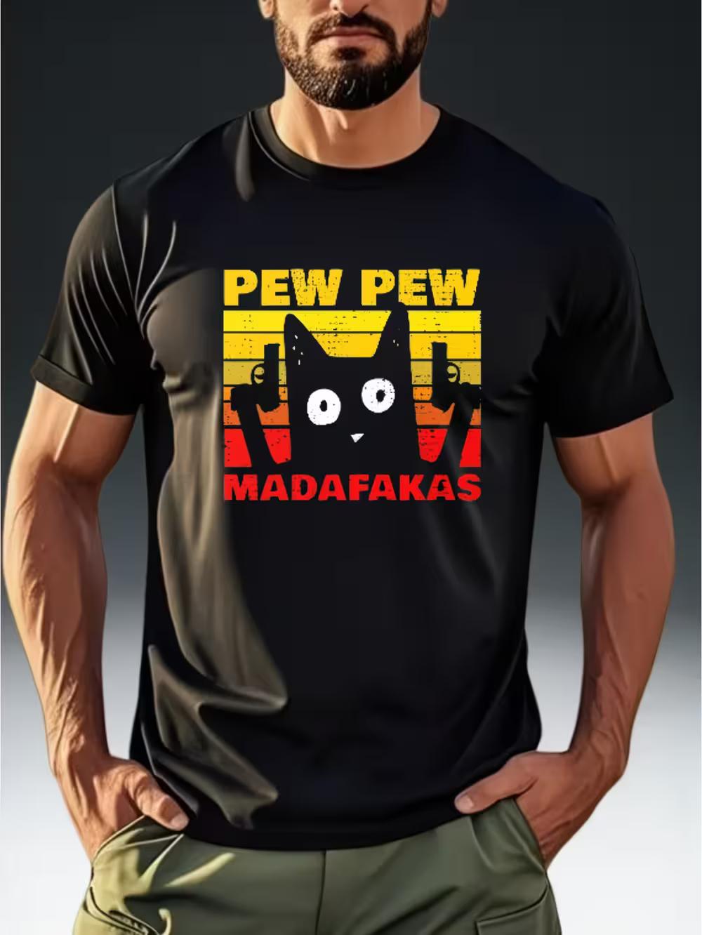 Men S Retro-Style T-Shirt Featuring a Quirky Print of a Black Cat with Dual Guns Saying  PEW PEW MADAFAKAS  S