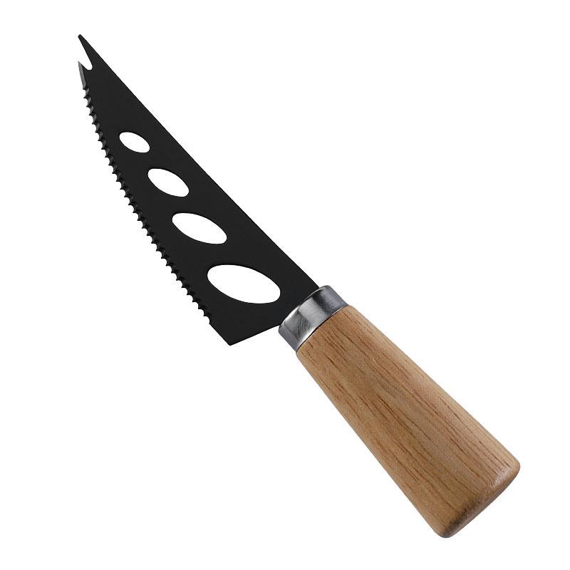Stainless Steel Black Cheese Knife Set with Rubber Wood Handle for Butter & Pizza