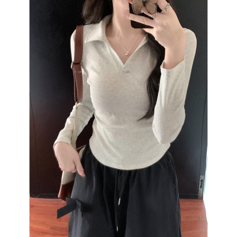 Real Shot Collar PO Shirt Long-sleeved T-shirt Women's Season Slim-fit Short Inner Bottom Shirt Top