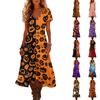 Womens V Neck Short Sleeve Midi Dress Halloween Pumpkin Print Vintage Style Casual Beach Wear Split Hem Summer Dress
