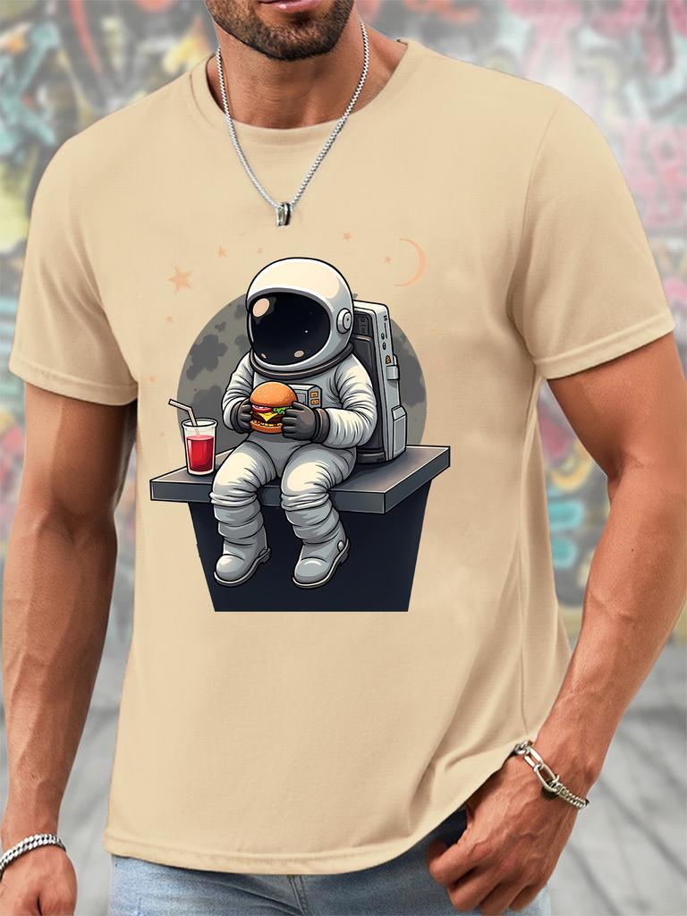 Unisex O Neck Tee Astronaut Burger Cartoon Print Cotton Short Sleeve Loose Summer Street Breathable Daily Casual Basic Wear Top