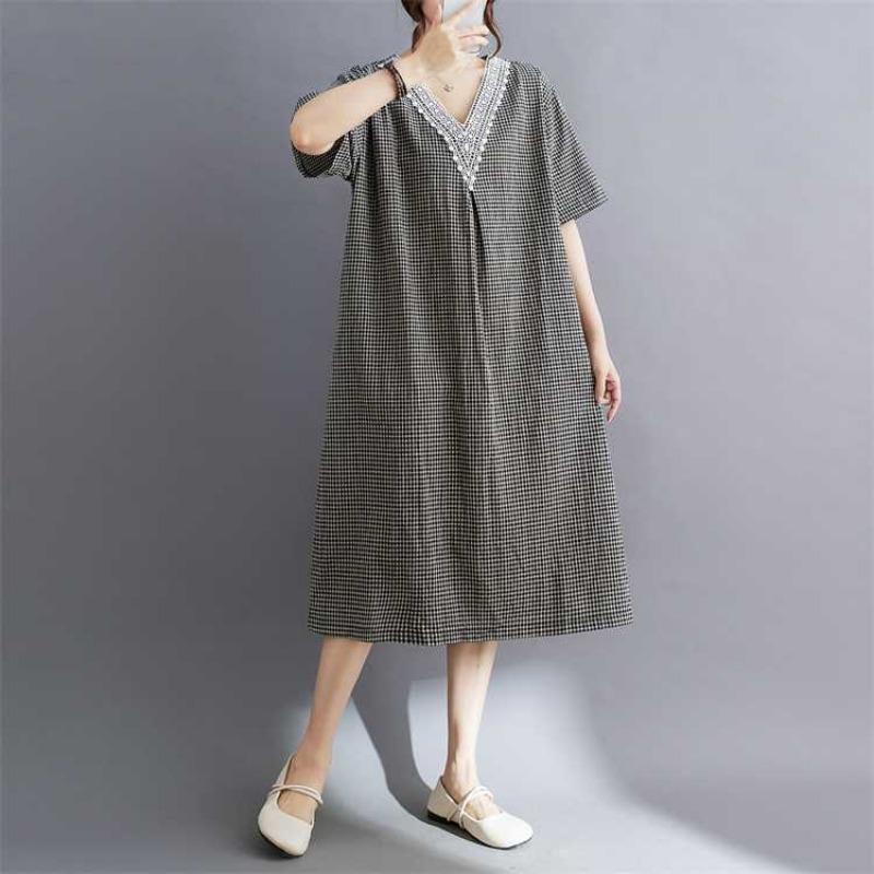 Summer Retro Cotton Linen Lace Cotton Linen Plaid Dress