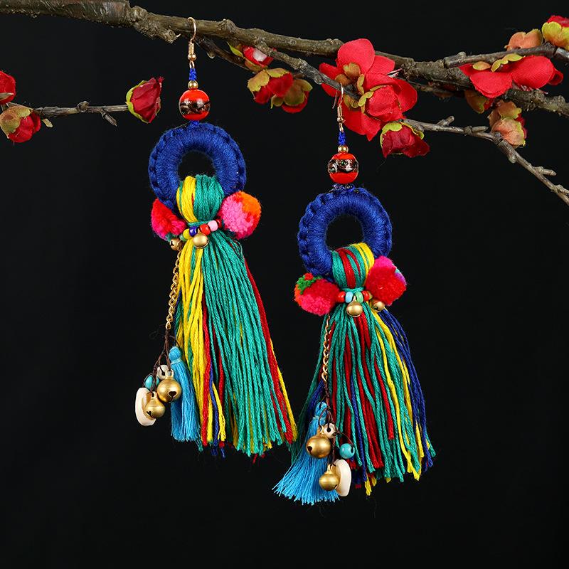 Retro Contrasting Pom-pom Earrings, Exaggerated Personality, Bohemian Vacation Long Fringed Temperament Earrings for Women