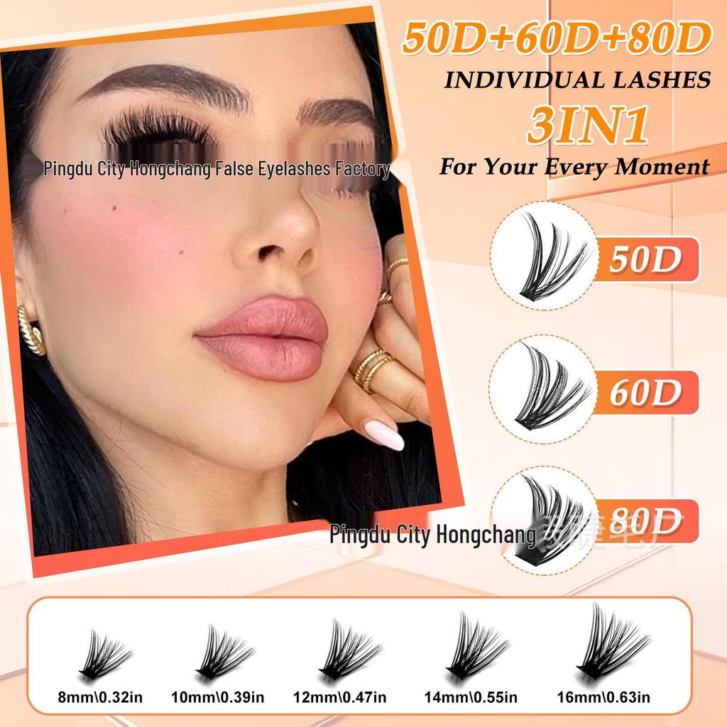 Mixed Pack D Curl Cluster Lashes - 50D/60D/80D, Large Capacity False Lashes Book.