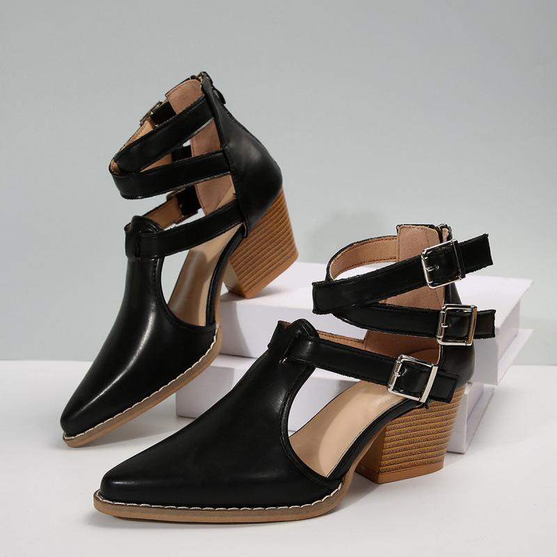 Europe, America, Autumn and Winter New High-heeled Thick-heeled Pointed Retro Belt Buckle Roman Cool Boots Leather Boots Single Boots Large Size