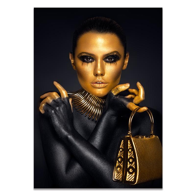 Frumoasă femeie neagră și aurie pictură pe pânză modă poster de artă africană Cuadros imprimare artă de perete pentru decorarea camerei de zi