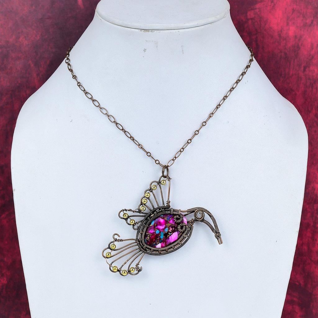 Natural Kingman Pink Dahlia Turquoise Pendant Copper Wire Wrapped Bird Pendant Gemstone Jewelry Gift for Him Copper Jewelry Handmade Pendant