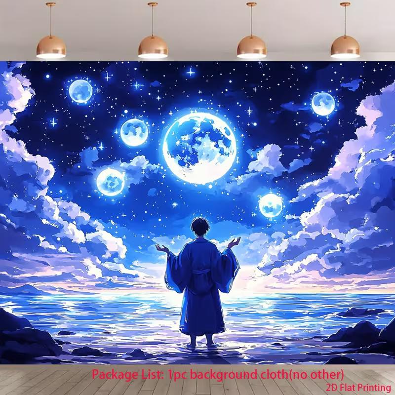 

2D Magical Moon Backdrop, Anime Style Night Sky with Glowing Moons, Stars & Ocean Photography Background 47.2x31.5inch/120*80cm