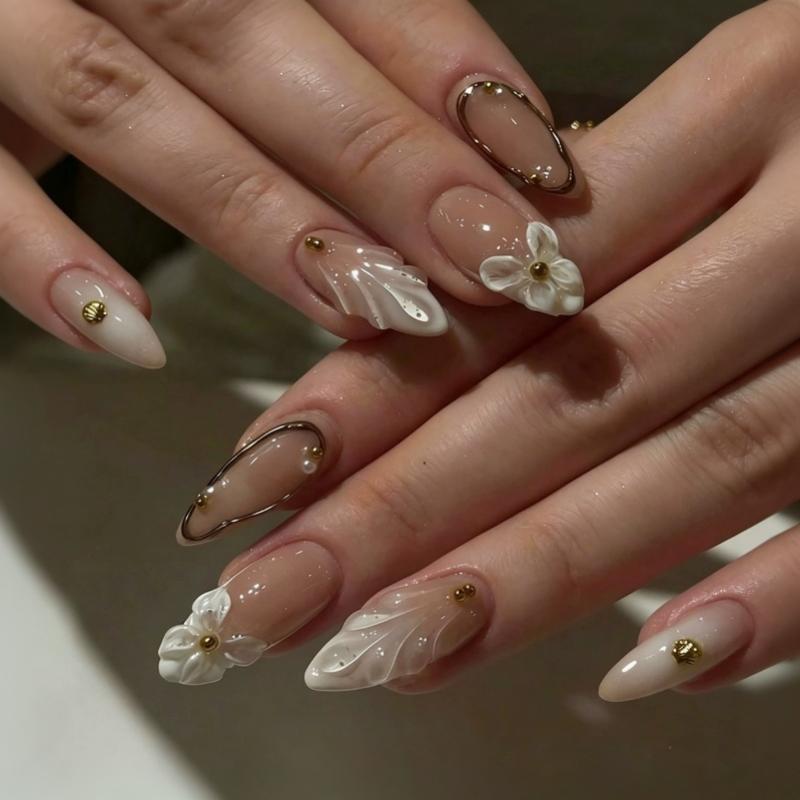 Rhinestone Inlaid Press On False Nails 24Pcs 3D Pink Flower Almond Fake Nails for Bridesmaid Wedding Event