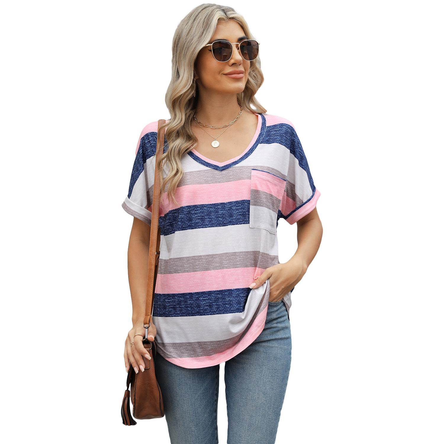 

Летний короткий рукав V-образный вырез полосатый повседневный женский пуловер футболка блузка топ XXL розовый