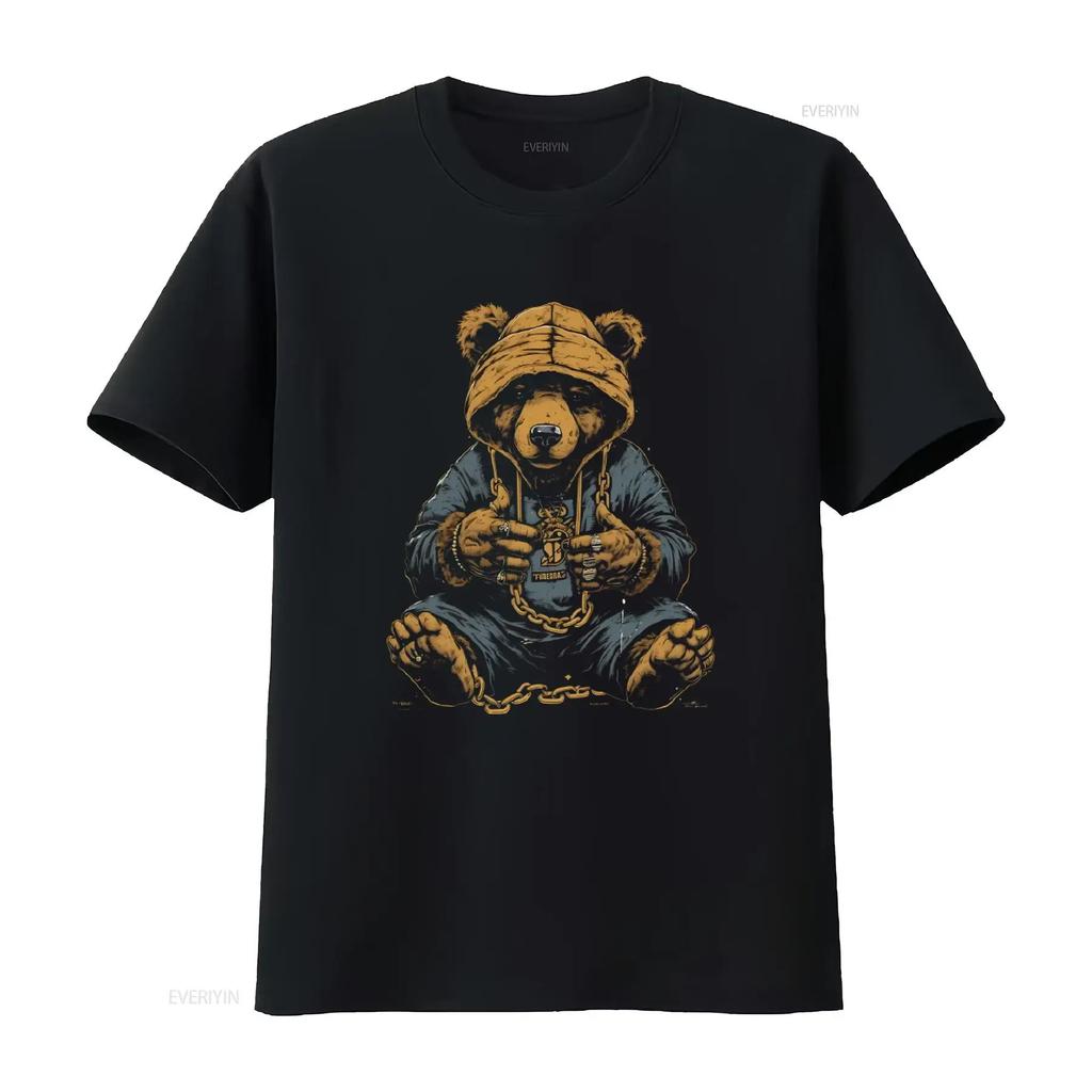 Hip Hop Teddy Bear Gangsta Rap Cotton Mens T Shirt Stylish Streetwear with Bold Print Vintage Washed Designer Clothes