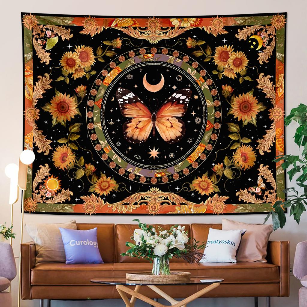 1pc Butterfly Tapestry Vintage Tapestry, Bohemian Floral Tapestry, Moon Phase Sun Fantasy Sunflower Butterfly Moth Tapestry