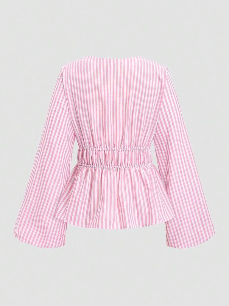 Damen Herbst Gestreiftes V-Ausschnitt Oberteil mit Bindebändchen und Glockenärmeln mit Rüschen