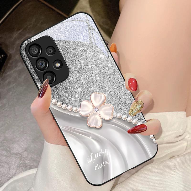 Vierblättriges Kleeblatt Weiß Für Samsung Galaxy S10 4G S20 11E 30 S21 21Fe 22 S24 Pro S23 Ultra 5G S8 S9 Gehärtetes Glas Handyhülle