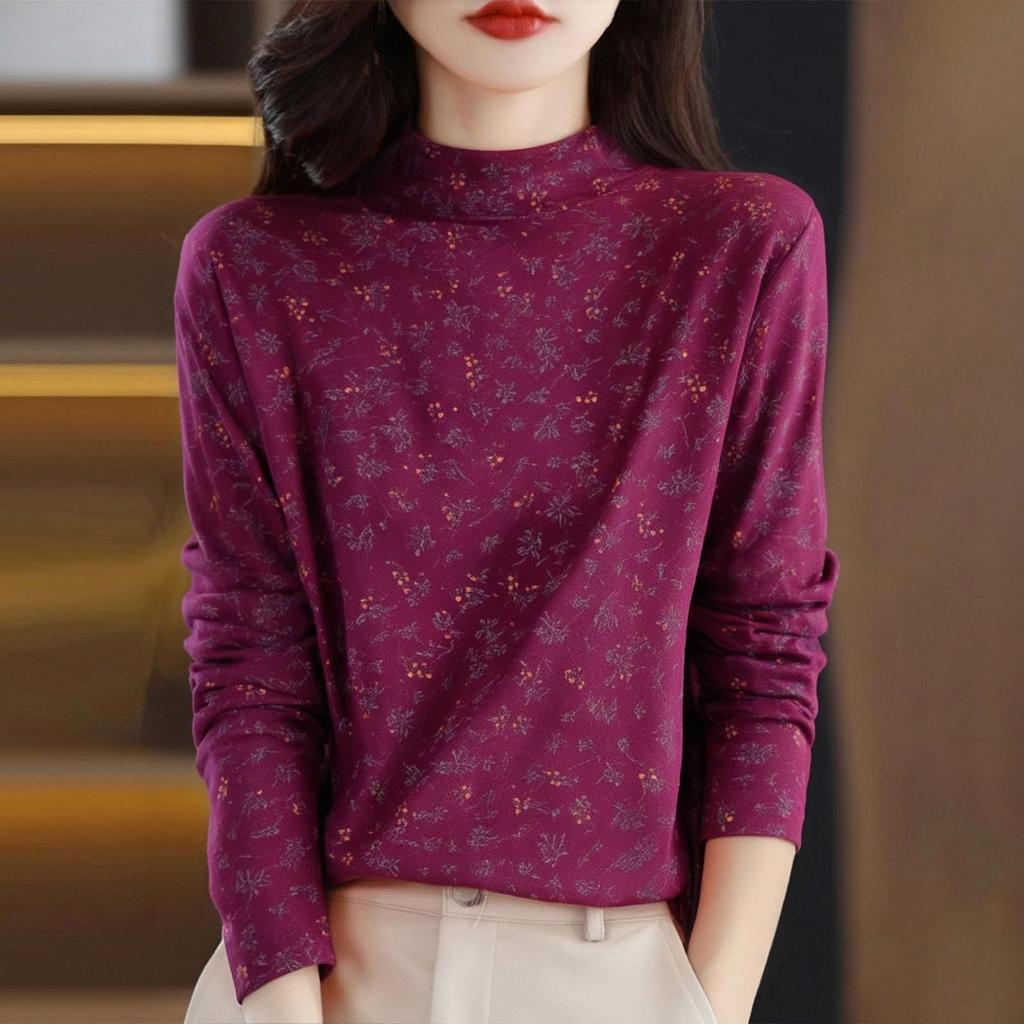 Women's Fashion Long Sleeve Double-Sided Velvet Floral Print Base Layer Shirt Half High Neck Warm T-Shirt Top