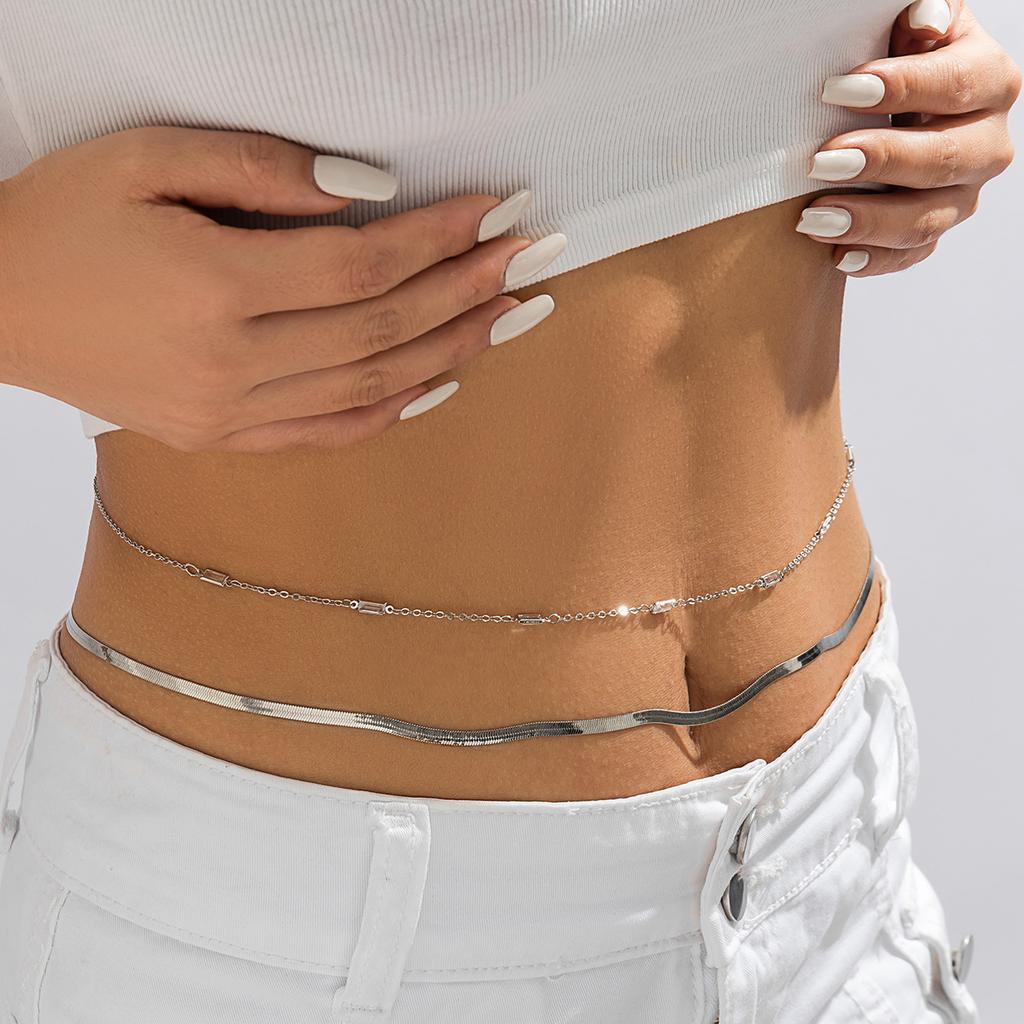 Double-layer Simple Women's Metal Thin Chain Waist Chain, Beach Snake Bone Chain, Rhinestone Waist Chain, Body Chain.