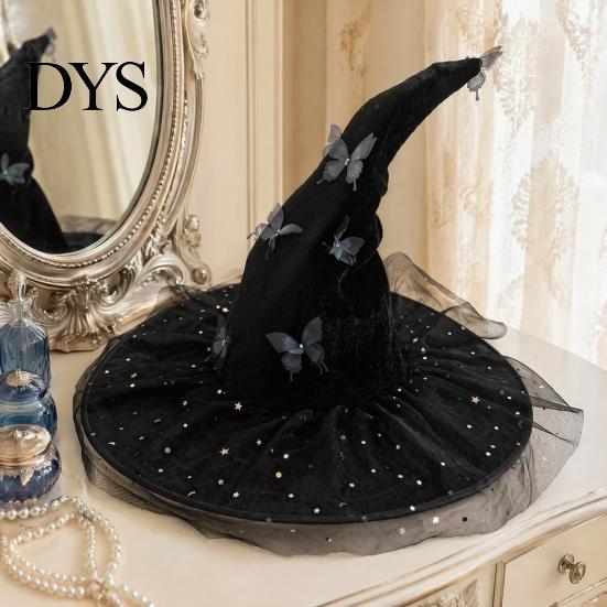 Witch Hat for Halloween Costume Women, Large Glitter Sequins Mesh Wizard Decorative Party Cosplay with Butterfly Accessory, Elegant Curved Brim