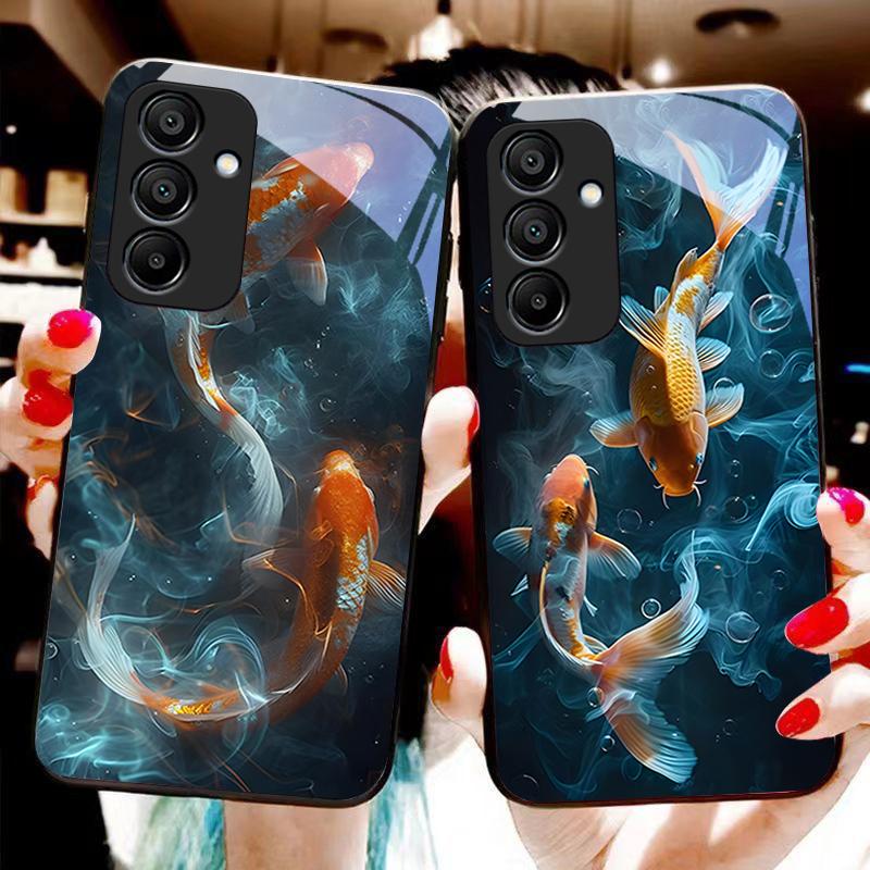 Chinese Wind Fish For Samsung Galaxy A15 5G 54 4G 51 50 24 35 90 71 12 51 53 52S 80 22 34 Black Tempered Glass Phone Case
