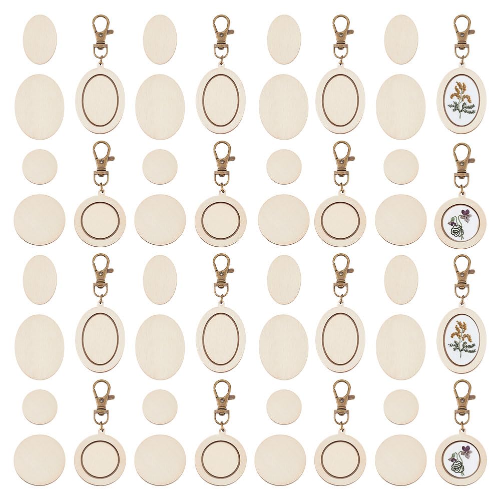 

OLYCRAFT 24 Mini Wooden Embroidered Keychains in Two Styles: Oval and Round, Mini Embroidered Pendants, and Mini Embroidered Hoop Rings - Wooden