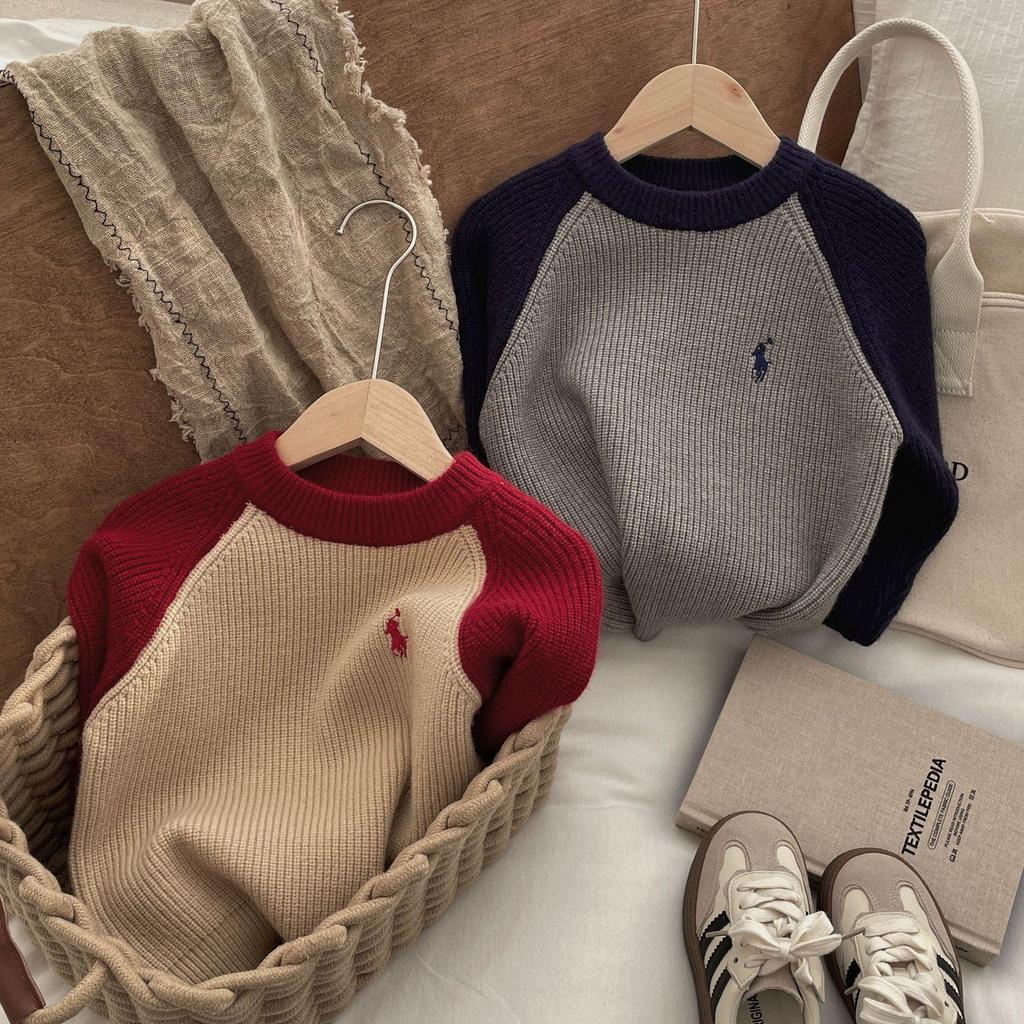 2024 Autumn/Winter Kids' Color Block Round Neck Sweaters: Korean Style Thick Pullover for Boys and Girls Trend