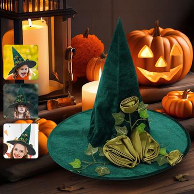Rose-Lace Decor Witch Hat Halloween Green Party Cosplay Hat Magical Mystery Role-play Witch Hat Costume Accessory