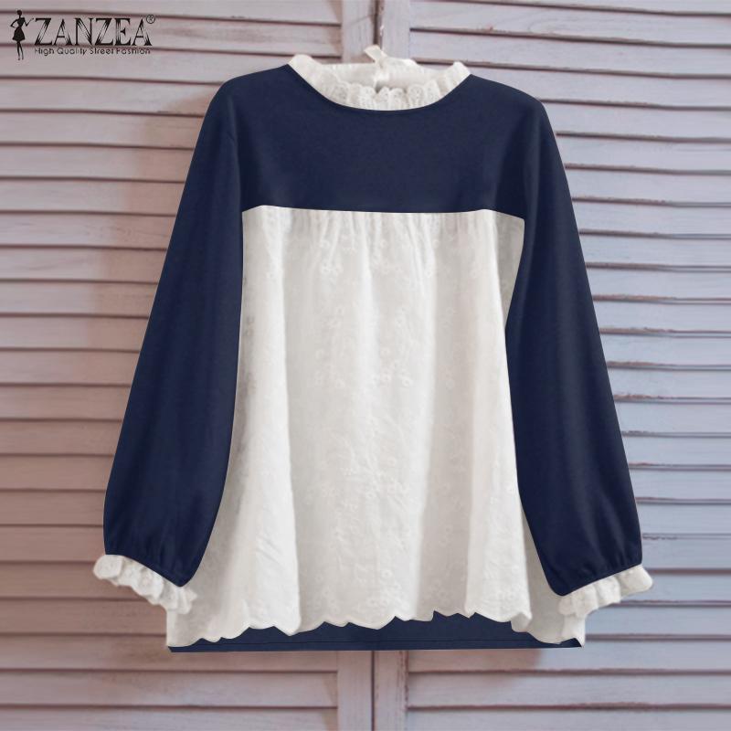 

ZANZEA Womens Casual Round Neck Long Sleeve Loose Patchwork Blouse M бежевый