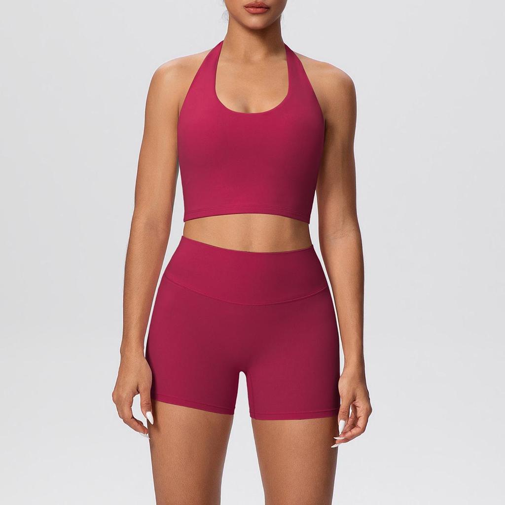 European & American Halter Sports Bra and High Waist Yoga Shorts Set for Women