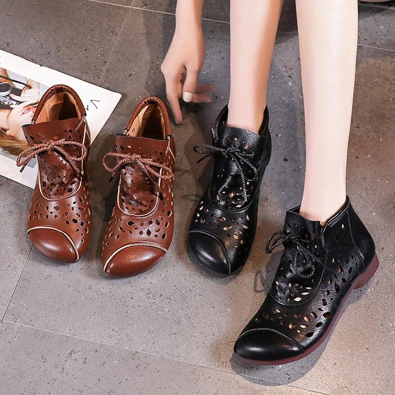 Fashion Ladies Boots Summer New Leather Hollow Women's Sandals Casual Lace Up Sewing Commuting Roman Shoes for Women Goth Ankle Boots